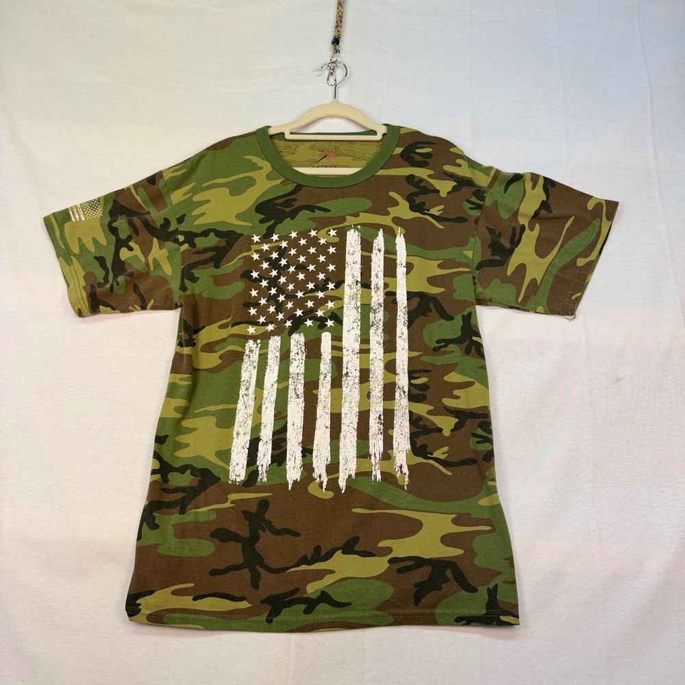 Rothco Mens Woodland Camo American Flag Graphic T-Shirt Large Distressed White